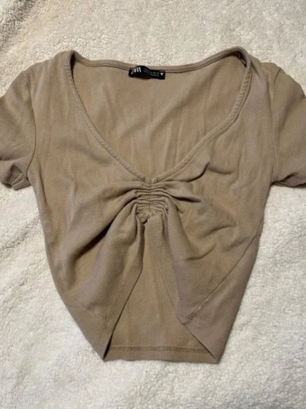 Zara Beige Crop Top Short Sleeve Ribbed Ruched Excellent Condition Size Small